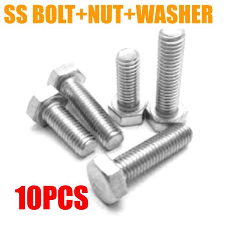 Full Thread Stainless Steel Hex Bolts with Nut 6mmx12mm Thickness 6mm, Length 12mm ( Pack of 10pcs)