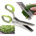 Multifunctional rubber handle stainless steel kitchen vegetable shears 5 blades herb scissors. 
