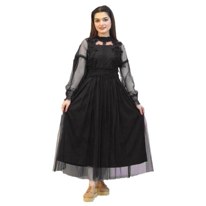Lace Flower Net Long Maxi Dress for Women and Girls, Lantern Sleeve Voile Princess Dress, Elegant Retro Style
