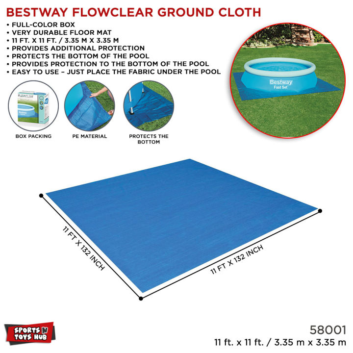 Bestway Pool Flowclear 11' Ground Cloth, Woven Pool Mattress Plastic Cloth For Swimming Pools 3.35m Square Plastic Cushion For 3.05M, Pool Protective Mat Under The Bestway 58001 Swimming Pool, Swimming Mat Pool Floor Cover
