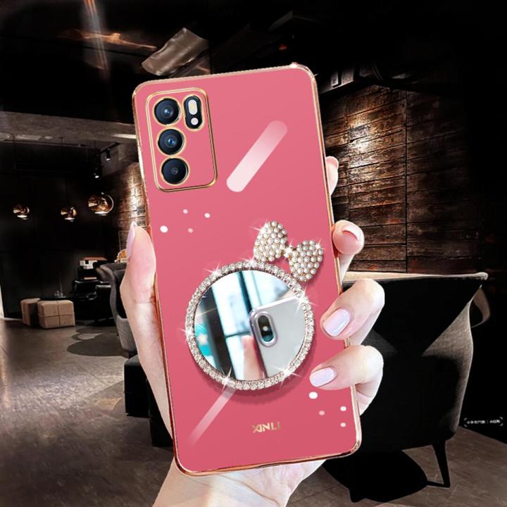 For OPPO A16 Back Cover + Bowknot Makeup Mirror Fashion Shiny Plating Square Bumper Bling Girls Phone Case Soft TPU Silicone Shockproof Back Cover