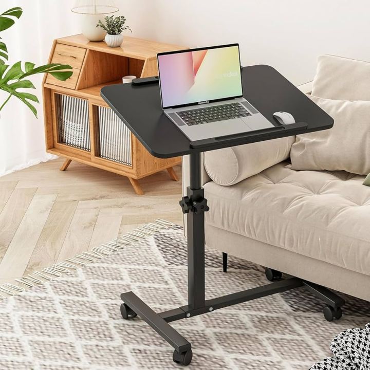 Bed Desk Adjustable Overbed Laptop Table - Portable Rolling Tray Cart with Wheels for Sit Stand Use