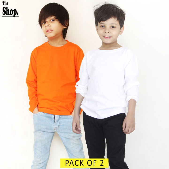 Pack Of 2 - Cotton Full Sleeves Orange & White T-Shirts For Boys & Girls Kids (Unisex)