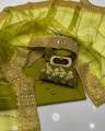 Mehndi Dress Katan Silk Shirt Katan Silk(2.5 Yard) Dupaata 9mm Organza(2.5 Yard) Trouser Katan Silk With Free Clutch (Multani Dress). 