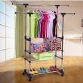 Multipurpose & Adjustable Stainless Steel Double Pole Cloth Hanger with 3 shelves for Floor Type Clothes Hanging & Drying purpose for Laundry & Bedroom | Stainless Steel | Single Pole or Double Pole. 