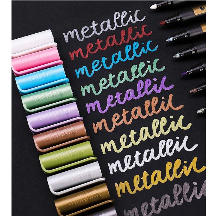 Metallic Markers Pen For Rock Painting - Medium Point, Metallic Color Paint Markers For Ceramic Painting, Glass, Mug, Plastic, Photo Album, Card Making, Scrap-booking, Fabric (10 Pieces)