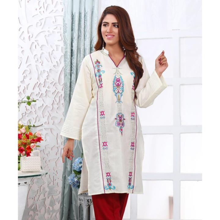 Off-white Lawn Stitched Embroidered Kurti For Girls and Women