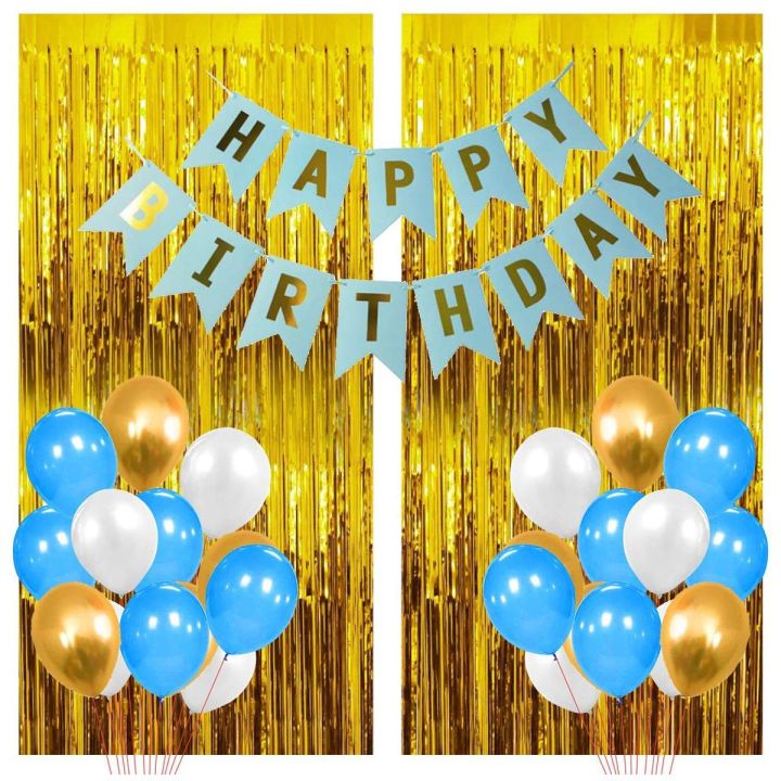 Happy Birthday decoration Set, Golden Birthday theme For (Boys & Girls) Foil Curtain, Blue, White and Golden Party Latex Balloons, Birthday Banner, Birthday accessories.