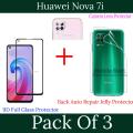 Pack of 3- Huawei Nova 7i 9D 21D Tempered Glass Black Border Transaprent Screen Protector + Back Clear Jelly/ Matte Anti-Slip Protector Soft Skin Sheet Film Protection + 9H Flexible Camera Lens Protector For Huawei Nova 7i - Transparent. 