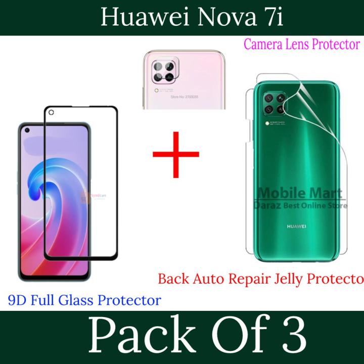 Pack of 3- Huawei Nova 7i 9D 21D Tempered Glass Black Border Transaprent Screen Protector + Back Clear Jelly/ Matte Anti-Slip Protector Soft Skin Sheet Film Protection + 9H Flexible Camera Lens Protector For Huawei Nova 7i - Transparent