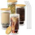 improted Glass Cups 16oz Ribbed Drinking Glasses with Lids and Glass Straws Glassware for Juice Cocktail  Iced Coffee Cups. 