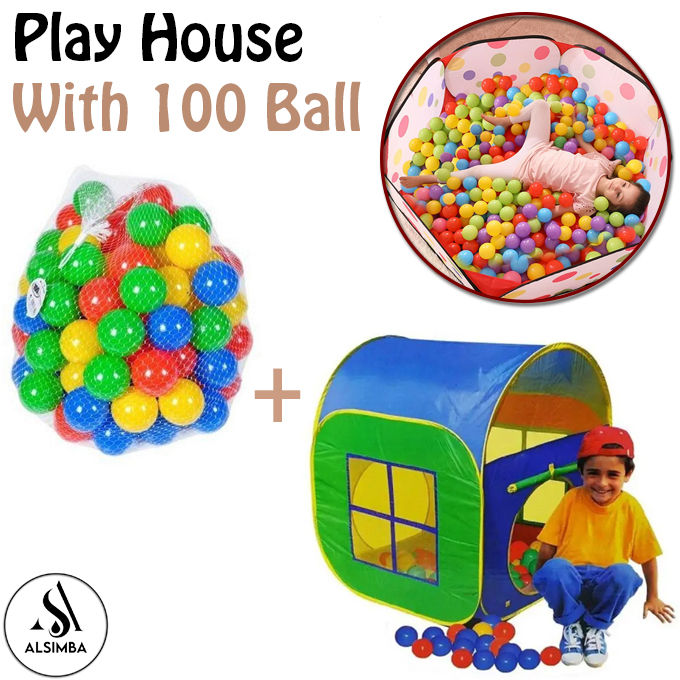 Play House Tent + 100 Soft Plastic Tent Balls Set For Kids - Tent Size Approx. 110cm and Each Ball Size 5.5cm - Assorted Color