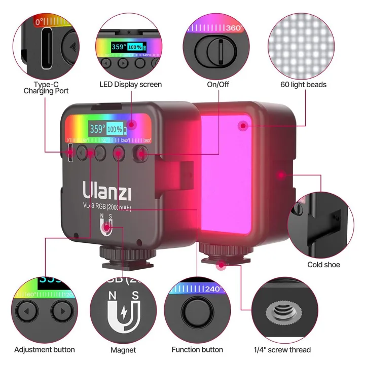 "Ulanzi%20VL49%20RGB%20Video%20Light%20%E2%80%93%20Portable%20LED%20Photography%20Light%20for%20Vlogging,%20Content%20Creation,%20and%20Filming%20%7C%20Adjustable%20RGB%20Lighting%20for%20Cameras%20and%20Smartphones"%20Adjustable%20Hue,%20Brightness,%20and%20Color%20Temperature%20%7C%20Magnetic%20Design%20&%202000mAh%20Battery"%20-%20Image%203