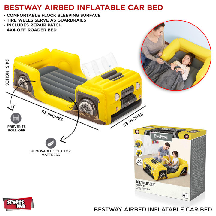 Bestway Comfy Inflatable Airbed For Kids Dream Chaser Sleep Well Air Mattress Series with Soft Plush Finish & Removable Mattress, Car Design Bed for Boys Teddy Bear Unisex Toddler Style Furniture, Unicorn Girls Air Bed Nursery Beds