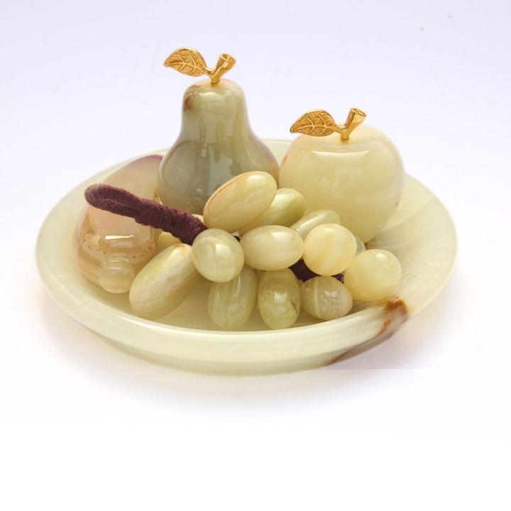 Marble Fruit Tray Set, Hand Crafted Decorative Onyx Round and Leaf Shape Tray with Marble fruits Grape Apple Banana and Pear