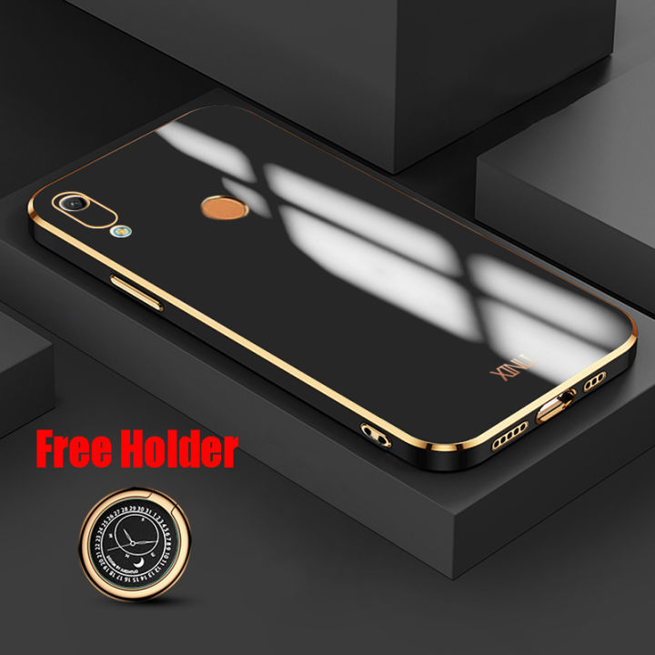 For Huawei Y6 Prime 2019 Back Cover with Ring Holder Luxury 6D Plating Gold Design Shiny Bling Stand Case Camera Protection Soft Silicone Mobile Phone Cases
