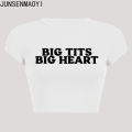 Big Tits Big Heart Print Pattern New Summer Short Sleeve O Neck Cropped Navel Women Crop Tops Fashion T-Shirt. 