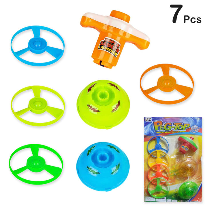 7 Pcs Set - Blazing Spinning Top and Saucer UFO Speed Flying Flyer Led Lights Spin Toy with Launcher Bey Blade For Kids Boys Girls Beyblade Battle Toys
