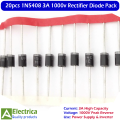 20Pcs 1N5408 IN5408 Power Rectifier Diode – High Current 3A 1000V for Power Supply, Battery Charger, Solar Inverter, and DIY Electronics Projects by Electrica. 