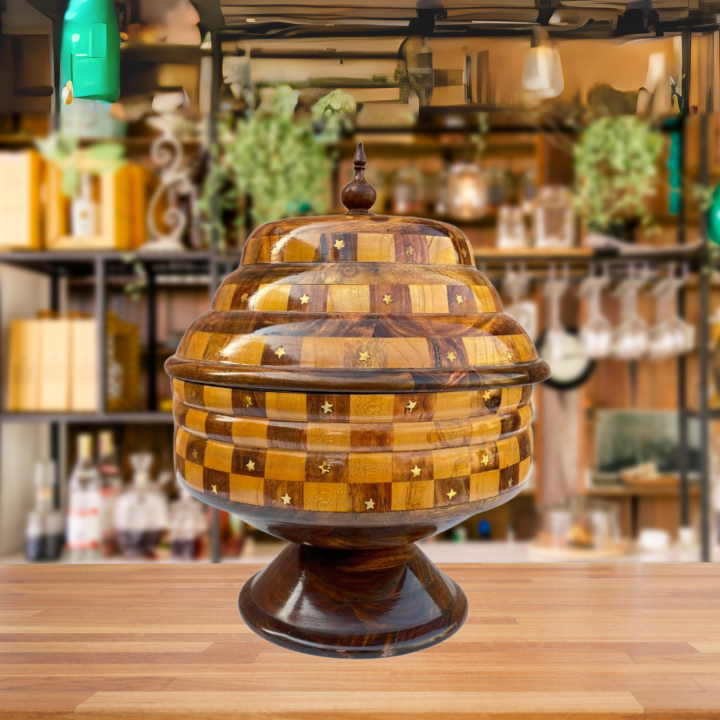 Handmade Wooden Checkered Hotpot – 12 Inch Sheesham Wood Food Warmer ...