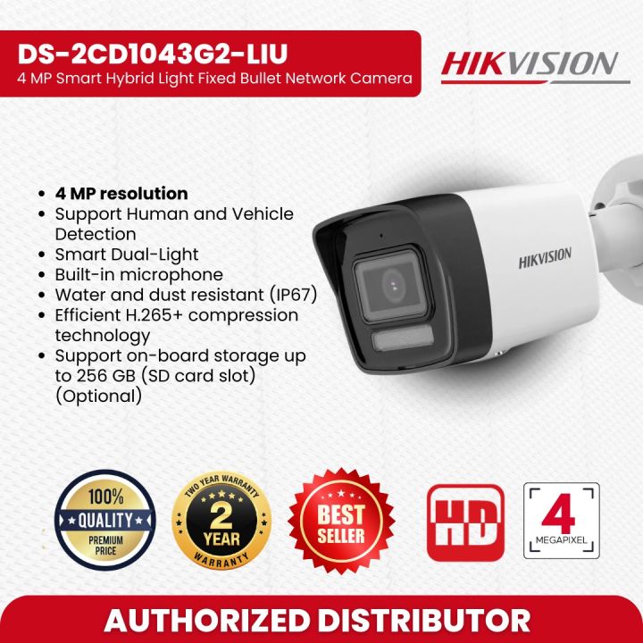 HIKVISION DS-2CD1043G2-LIU 4 MP SMART HYBRID LIGHT FIXED BULLET NETWORK CAMERA- SMART DUAL-LIGHT ADVANCED TECHNOLOGY WITH LONG RANGE IP CAMERA- BUILT IN MICROPHONE FOR REAL TIME AUDIO SECURITY IP CAMERA- WATER AND DUST RESISTANT (IP67) CAMERA