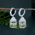ThreeGraces Elegant Olive Green Cubic Zirconia Silver Color Long Tassel Drop CZ Hoop Earrings for Women Party Jewelry E1793. 