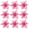 50 Pack Glitter Poinsettia Christ Tree Ornats 5Inch Artificial Silk Flowers Picks Decor Wreath Garland (Pink). 