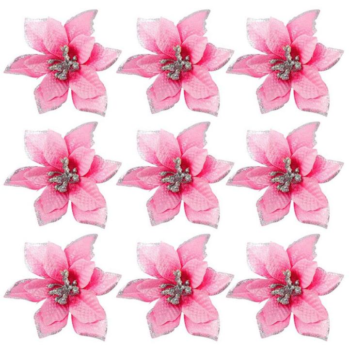 50 Pack Glitter Poinsettia Christ Tree Ornats 5Inch Artificial Silk Flowers Picks Decor Wreath Garland (Pink)