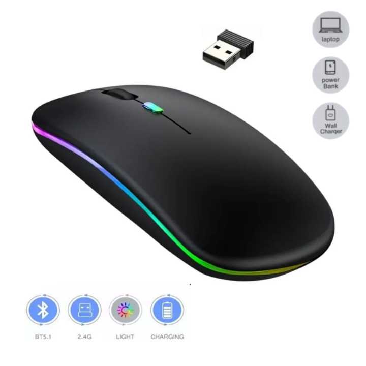 Mode 5.2 Wireless Bluetooth Mouse | RGB Gaming & Computer Mice | Dual Mode 2.4GHz | Adjustable DPI Button |  Rechargeable | USB Receiver | Matte Black RGB Light