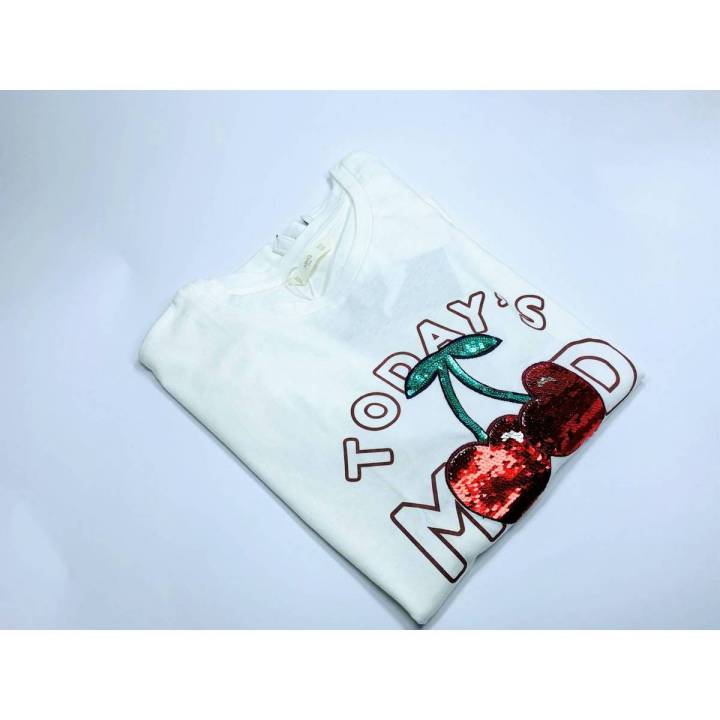 MANGO Girls Long Sleeves Off White T Shirt Todays Mood Cherry on Top