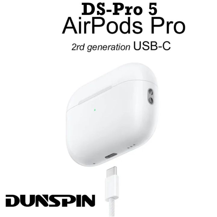 100% Original Dunspin AirPods Pro 5 Type C [DS-Pro5 ]ANC Analog noise cancellation Premium Version Gen 2 Airpods Pro 2 GPS Rename ANC DS-Air 5 Wireless Bluetooth Earphone With Wireless Charging [Music 5 hour on 1 hour charging][Free Case and Lanyard]