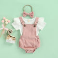 Newborn Baby Three Piece Set, Fly Sleeve Round Neck Shirt Suspender Ruffle Shorts Elastic Matching Headband. 