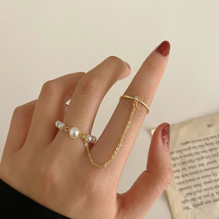Chain%20Finger%20Rings%20Alloy%20Simple%20Ring%20Creative%20One-piece%20Set%20Pearl%20Finger%20Ring%20-%20Image%202