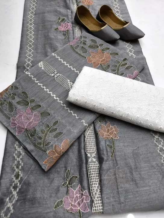 Partywear%20Dress%20for%20Women%203%20piece%20Unstitched%20Suit%20Paper%20Cotton%20Base%20with%20Multi%20Flower%20Embroidered%20Style%20Shirt,%20Paper%20Cotton%20Beautiful%20Embroided%20work%20Dupatta,%20Lawn%20Cotton%2012%20Inch%20Embroidered%20Chicken%20Kaari%20Trouser%20with%20Free%20Khussa%20Ashrafi%20Ashrafi%20Customized%20-%20Image%202