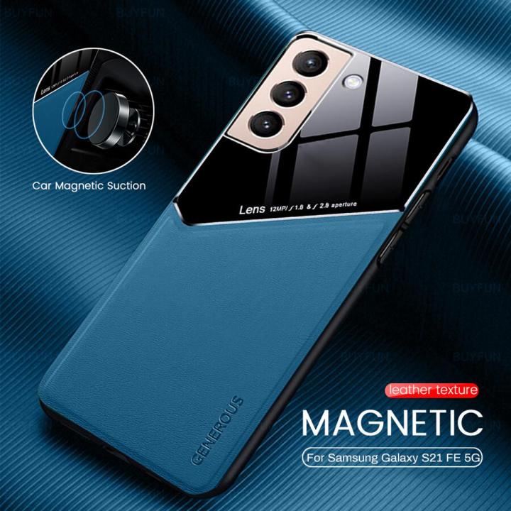 Relaxtoo For Samsung Galaxy S21 FE 5G Luxury Leather Cover Case Silicone Shockproof Car Magnetic Holder Case Car Magnetic Holder Leather Back Cover