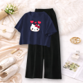 MK Garments Casual Suits for Girls Summer Cotton Blend Casual Style Kitty Printed Crop T-Shirt with Palazzo Available in Multiple Colors. 