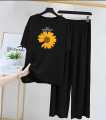 Cotton Jersey 2-Piece Pajama Set for Women & Girls (S–XL, 7–14) – Summer Lounge/Sleepwear, Relax Fit Tee + Wide-Leg Trouser (Sunflower / Butterfly Daisy). 