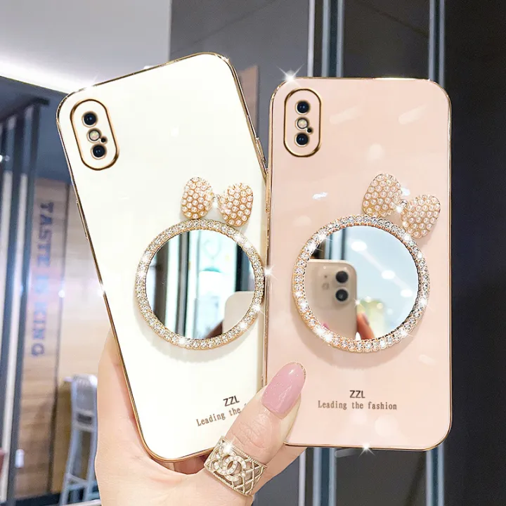 LECOMES%20for%20iPhone%20Xs%20Max%20Back%20Cover%20with%20Bowknot%20Makeup%20Mirror%20Luxury%206D%20Plating%20Shiny%20Phone%20Case%20Soft%20Silicone%20Square%20Mobile%20Cases%20Pouch%20for%20Girls%20Boys%20-%20Image%202