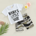 Newborn Toddler Boy Outfits Sets Letter Printed Short Sleeve T-shirt with Camouflage Short Pant Suits. 