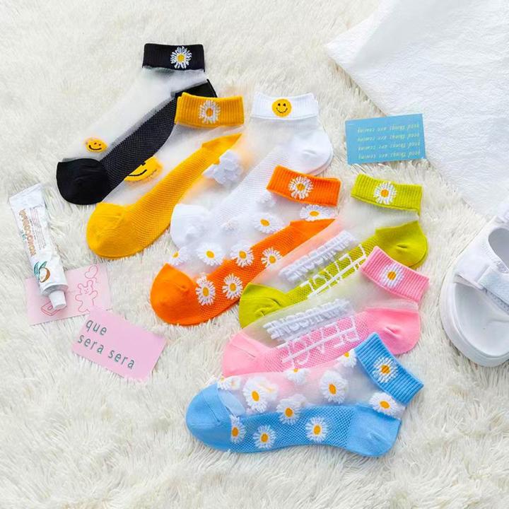 5 Pairs Women Summer Artsy Flower Thin Socks