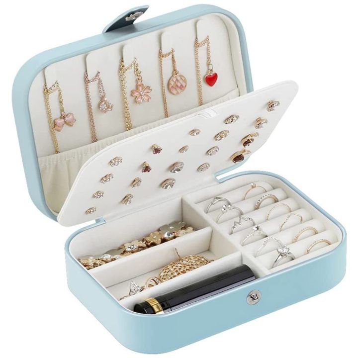 Mini Leather Jewellery Box Organizer with Zip 2 Layers Cosmetics Ear