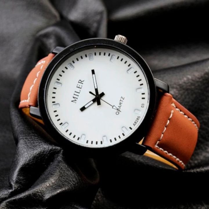 Miler Watch Men Sports Watches Brown Leather Band Analog Quartz Wristwatches