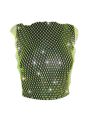 Ladies Mesh Midriff-baring Tops, Women Leisure Style Rhinestone Decoration Round Collar Sleeveless Hollow Perspective Tank Top. 