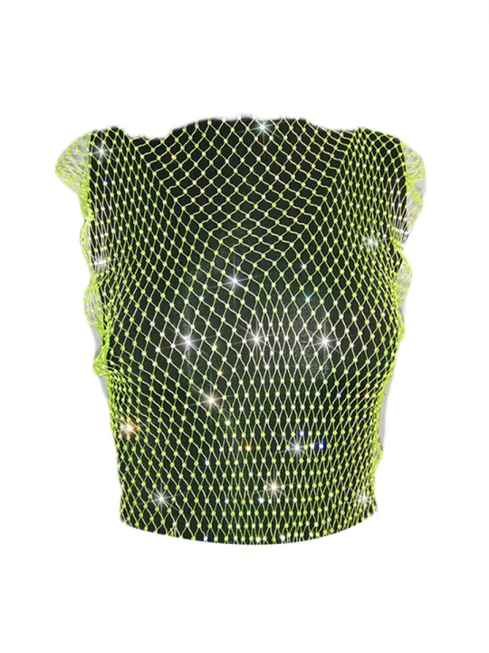 Ladies%20Mesh%20Midriff-baring%20Tops,%20Women%20Leisure%20Style%20Rhinestone%20Decoration%20Round%20Collar%20Sleeveless%20Hollow%20Perspective%20Tank%20Top%20-%20Image%204