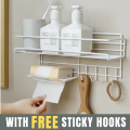 Bathroom Storage Shelf With hooks and Soap Dish Easy Mount Shower Shampoo Rack Holder washroom Basket No Drilling, Design for Bathroom Bedroom Living Room and Kitchen Organizer shelf. 