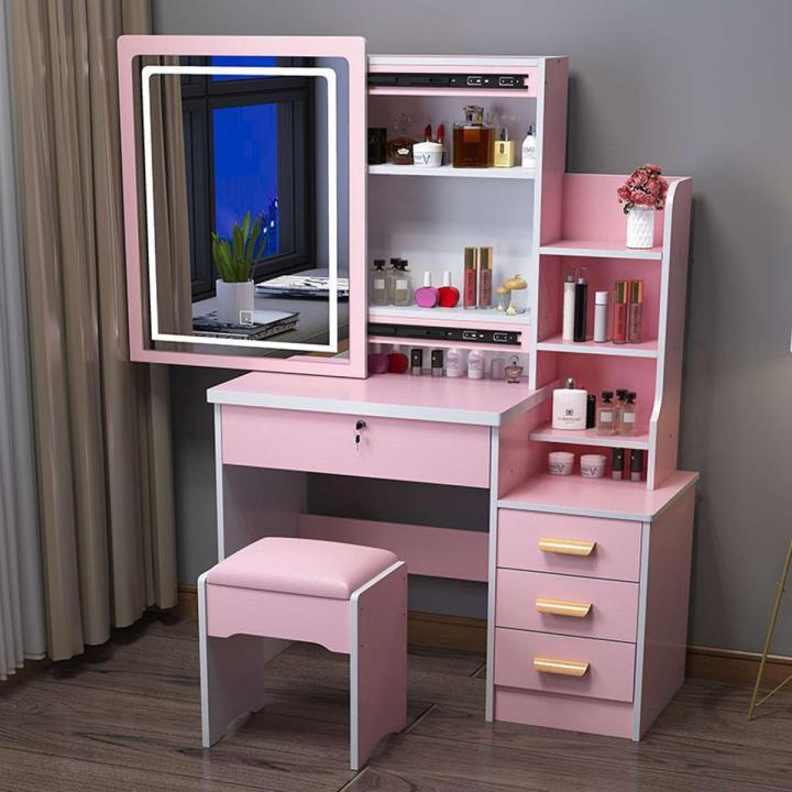 Vanity Desk with Sliding Mirror, Hidden Shelves, 4 Drawers, and Cushioned Makeup Stool – Elegant Dressing Table Set for Women and Girls with Storage Drawers, Sliding Mirror, and Wooden Design