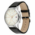 Tommy Hilfiger Easton Black Leather Strap Silver Dial Chronograph Quartz Watch for Gents - 1710434. 