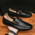 Men's Casual Leather Shoes Formal Low-cut Loafers  Slip-ons Moccasins flat borjan Black. 