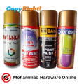 spray paint  , (one Bottle) Golden, Black, White, Red, Brown, yellow ,matt black, Blue, Pink, Voilet, orange, green, cream white, naval Grey, silver, Chrome، Lacquer, Beige . (mubah, colorexe, lotus, Win Plus , feather, GoldenMax، artiza،  etc. 