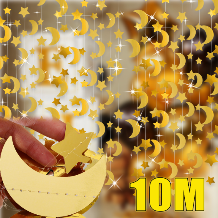 10M Gold Star Moon Crescent Eid Paper Garland Gold Mubarak Ramadan ...